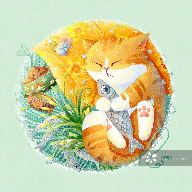 毛线球上睡着的猫咪清新治愈插画图片素材