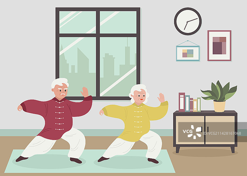 室内打太极的老年人扁平插画图片素材