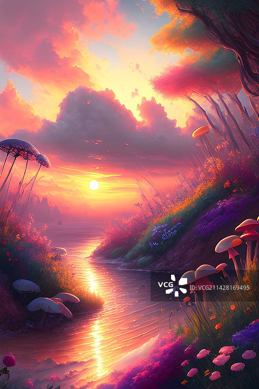 夕阳·彩云·花艳·波光图片素材