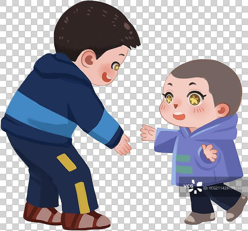 亲子互动小男孩学步大人搀扶相伴卡通手绘插画免抠透明底图片素材