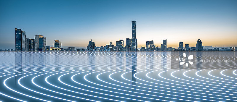 北京国贸CBD城市天际线和大数据概念，未来科技感背景图片素材