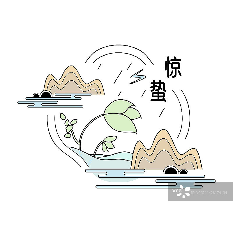 线性简约大气古风雨水节气插画图片素材