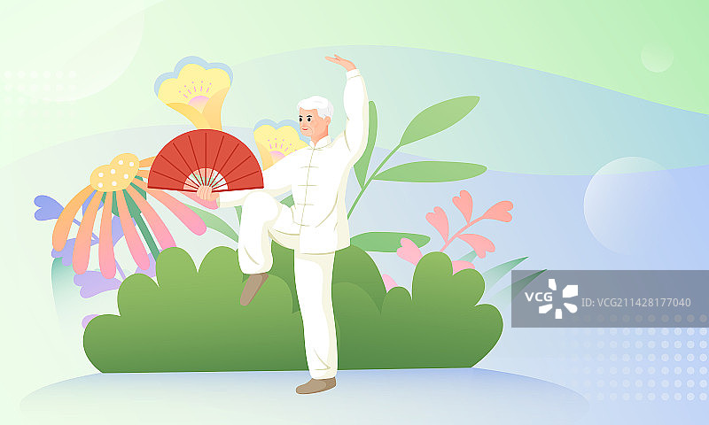 老年人打太极手绘插画图片素材