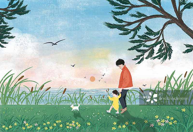 湖边遛娃图片素材