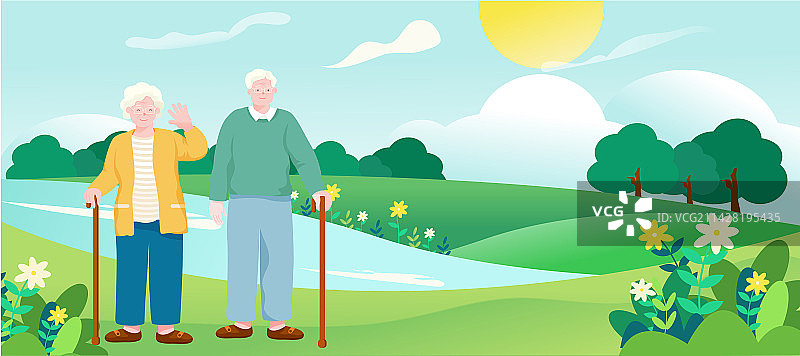 春天夏天公园里的一对老人在散步养老退休矢量插画横图图片素材