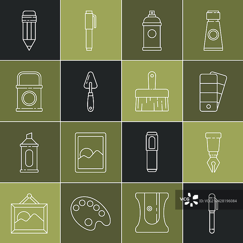 钢笔、墨水笔尖、调色板线条组合图片素材