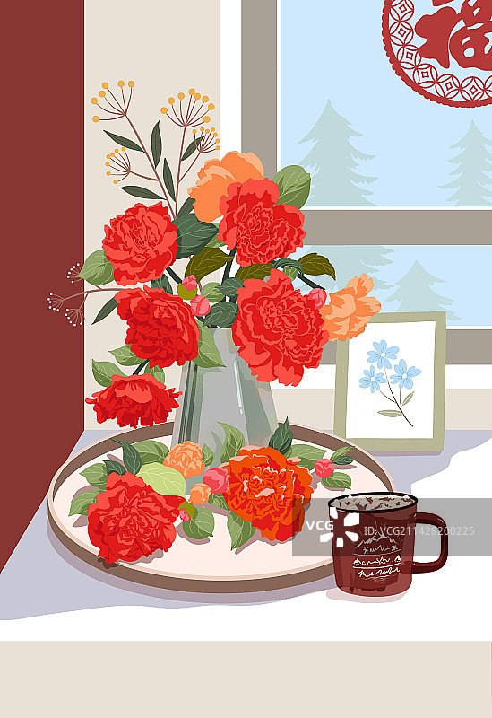 山茶花静物组合插画图片素材