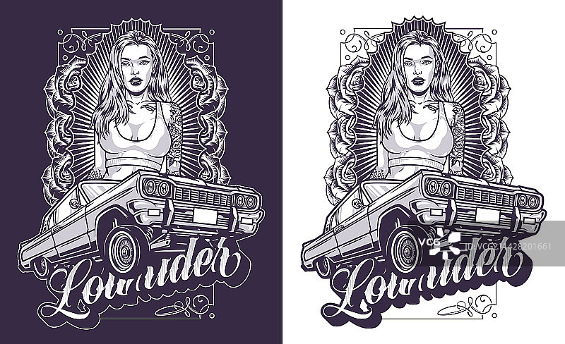 穿着时尚的女性低底盘汽车宣传单（单色）图片素材