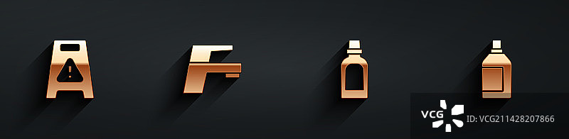 湿地板、水龙头和清洁瓶套装图片素材