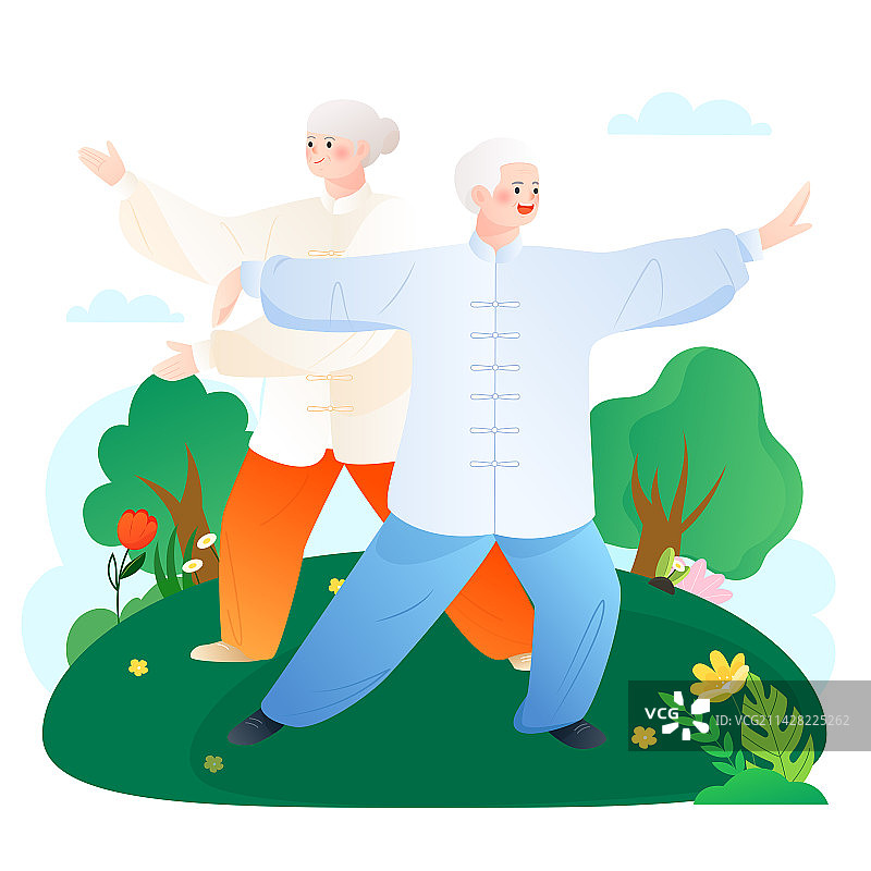 老年人养生快乐打太极运动保健矢量插画图片素材
