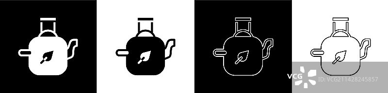 黑色背景上的茶壶与茶叶图标图片素材
