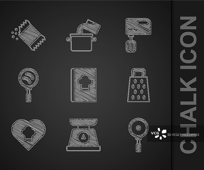 烹饪书、秤、煎锅、磨碎器和厨师帽图片素材