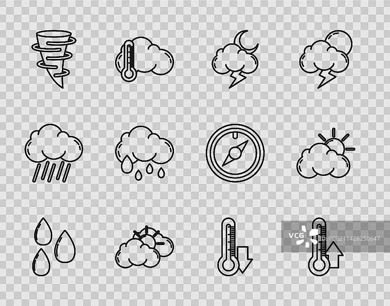 水滴温度计、暴风雨和太阳图标图片素材