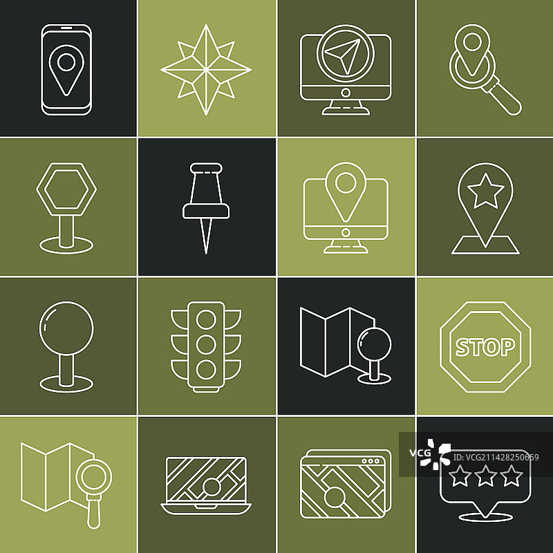 带星星、停止标志和显示器的地图指针图片素材