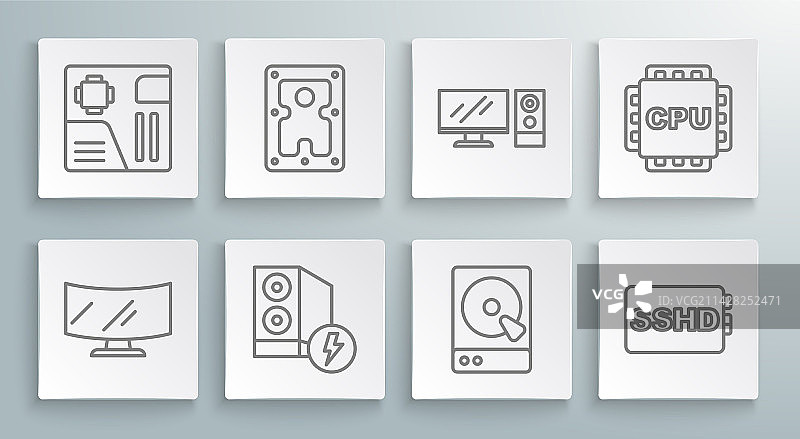 线条集：电脑显示器屏幕和硬盘驱动器图片素材