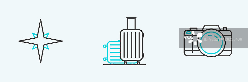 线条照片相机、风向玫瑰和手提箱图片素材