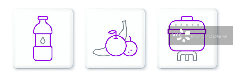 厨具系列：烹饪锅、瓶装水和水果图片素材