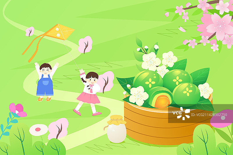 卡通节日二十四节气春天春季立春清明春分谷雨雨水风景户外春游踏青亲子家庭露营青团建筑清明节扁平矢量插画图片素材