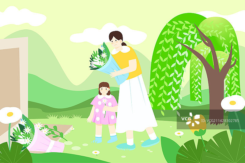 卡通节日二十四节气春天春季立春清明春分谷雨雨水风景户外春游踏青亲子家庭露营青团建筑清明节扁平矢量插画图片素材