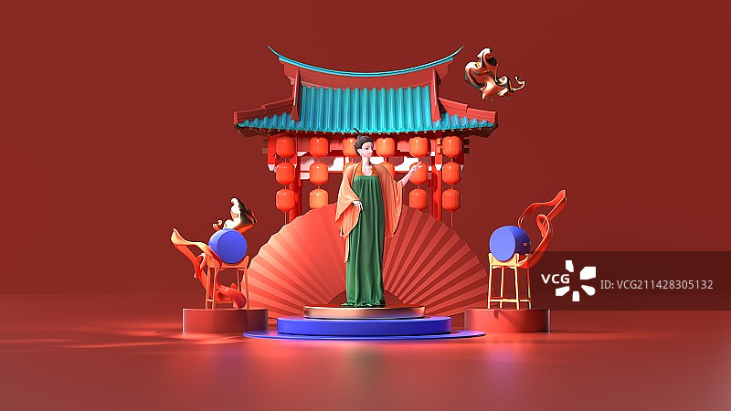 3D渲染汉服女子场景插画图片素材