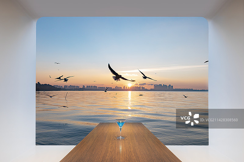 船舱中看海边的海鸥图片素材