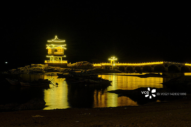 葫芦岛兴城海滨三礁揽胜旅游景点夜景灯光图片素材