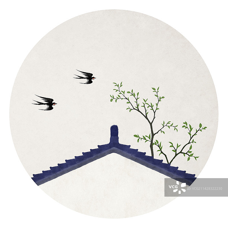 屋檐建筑春天树插画图片素材