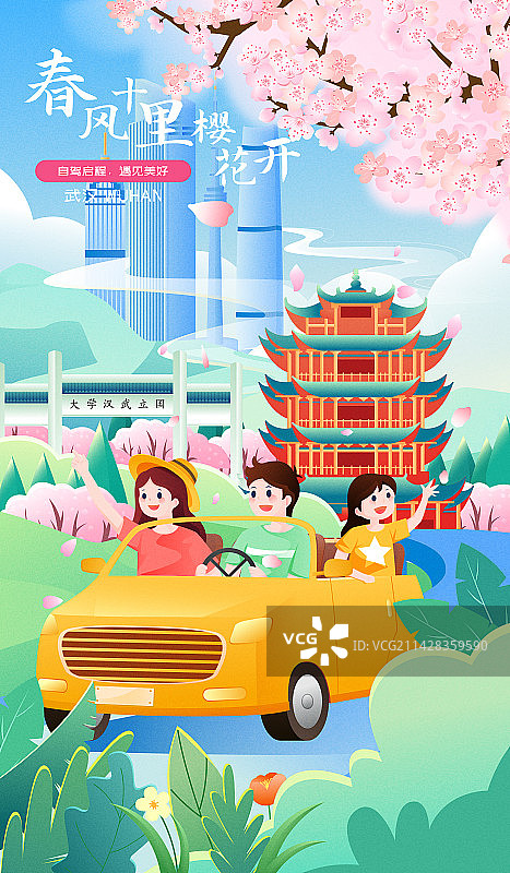 春日樱花季自驾游武汉插画海报图片素材