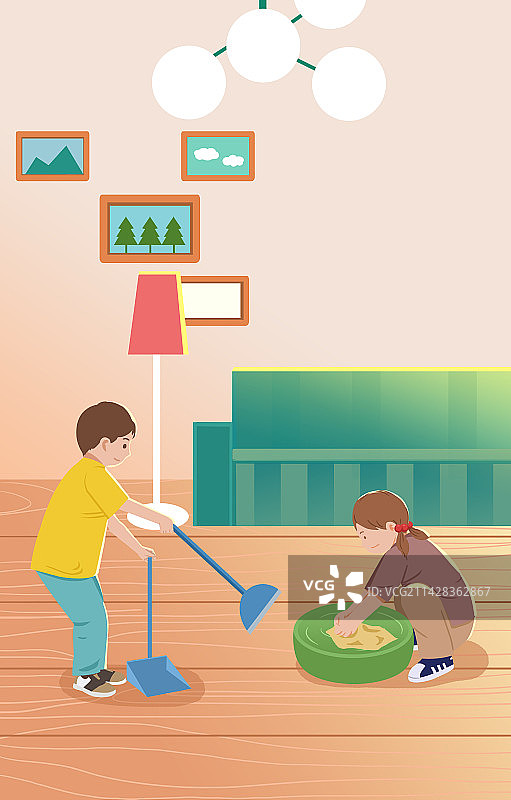 幼儿孩子幼童儿童小朋友劳动节家庭打扫卫生做清洁卡通插画图片素材