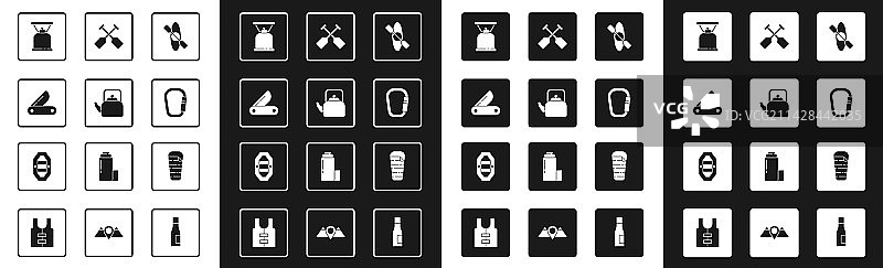 皮划艇或独木舟、带柄水壶与瑞士军刀组合图片素材