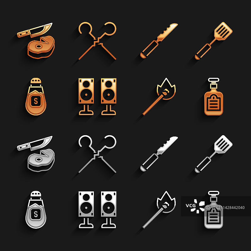 立体声扬声器、铲子、酱汁瓶和燃烧物图片素材