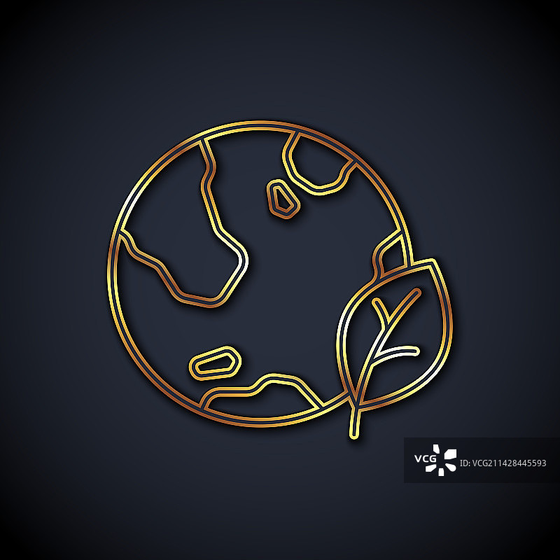 金色线条地球仪与树叶图标图片素材