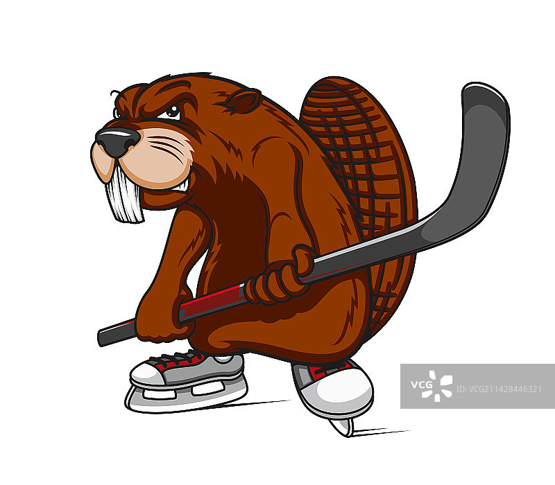 卡通愤怒的海狸冰球运动员吉祥物图片素材