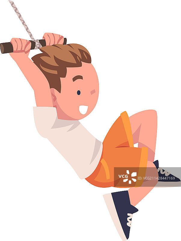 在绳子上荡秋千的快乐微笑男孩图片素材