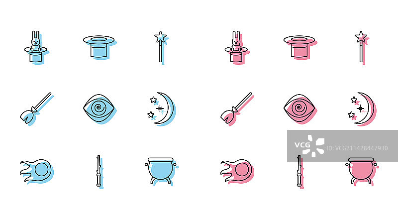 火球魔术棒魔术师帽子兔子线条组合图片素材