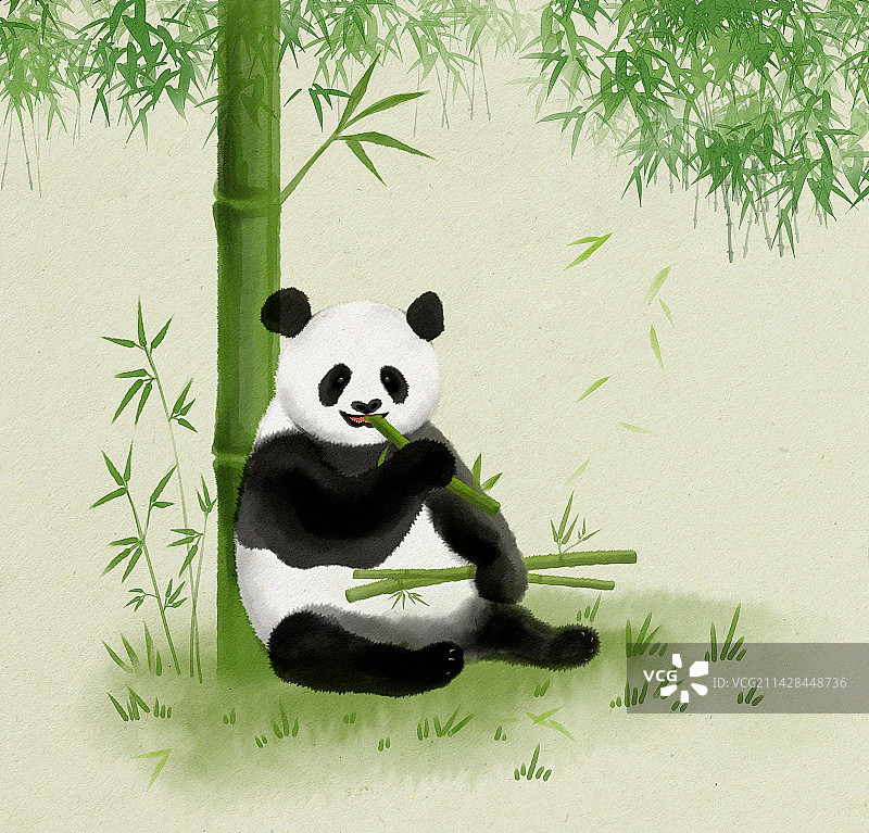 大熊猫吃竹子，水墨画图片素材