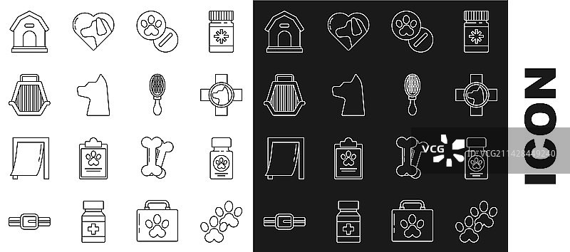 狗爪印、药瓶和药丸线性图标图片素材