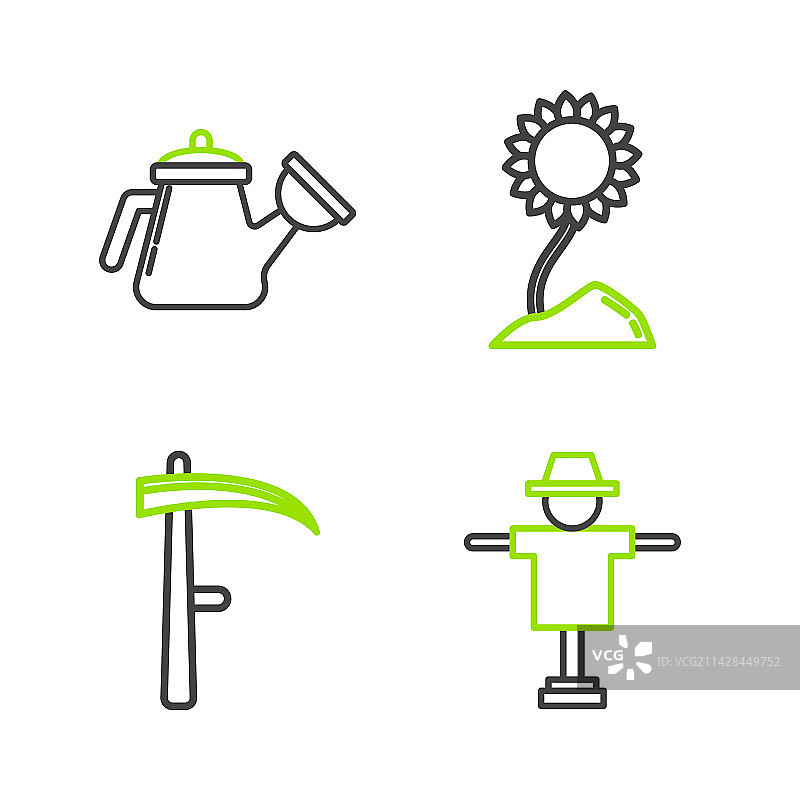 线条图案：稻草人、镰刀、向日葵和水壶图片素材