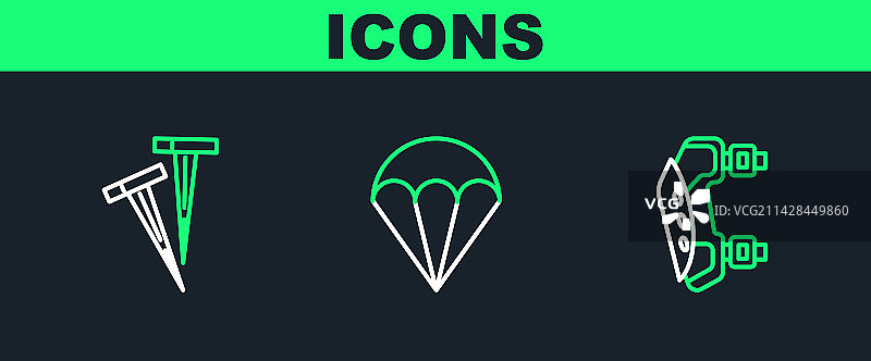 护膝、帐篷钉和降落伞线条图标图片素材