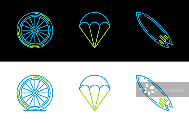 冲浪板、自行车轮、降落伞线条设计图片素材
