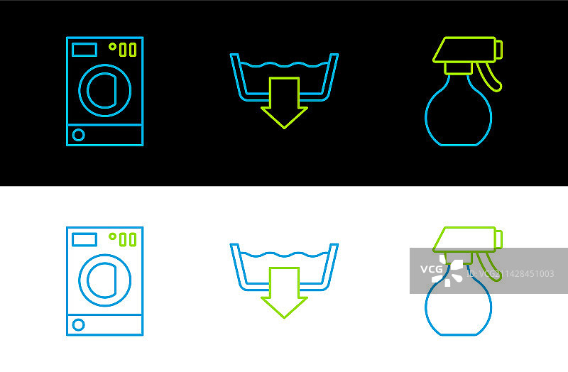 喷水瓶、洗衣机和洗涤用品线条图标合集图片素材