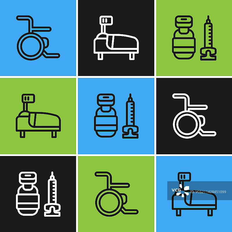 线条集：轮椅、注射器和病床图标图片素材