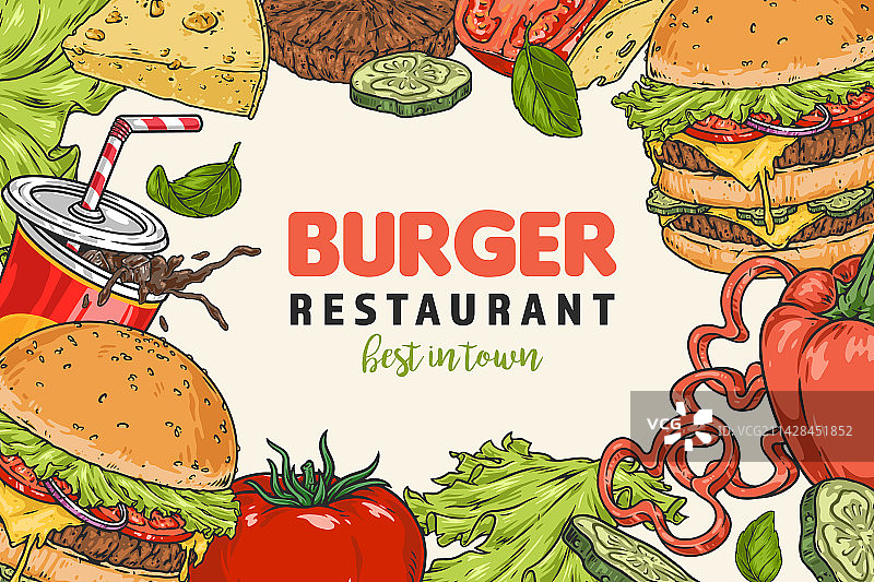 汉堡餐厅彩色复古宣传单图片素材