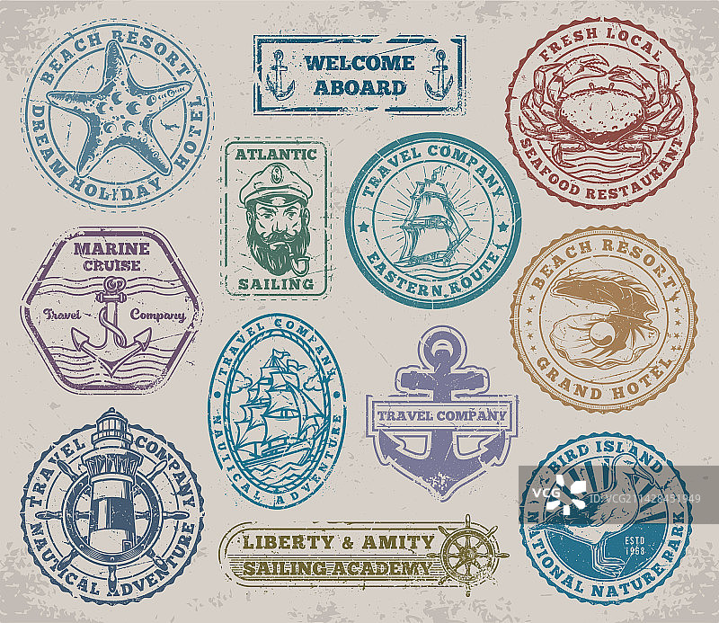 彩色海洋邮轮贴纸套装图片素材