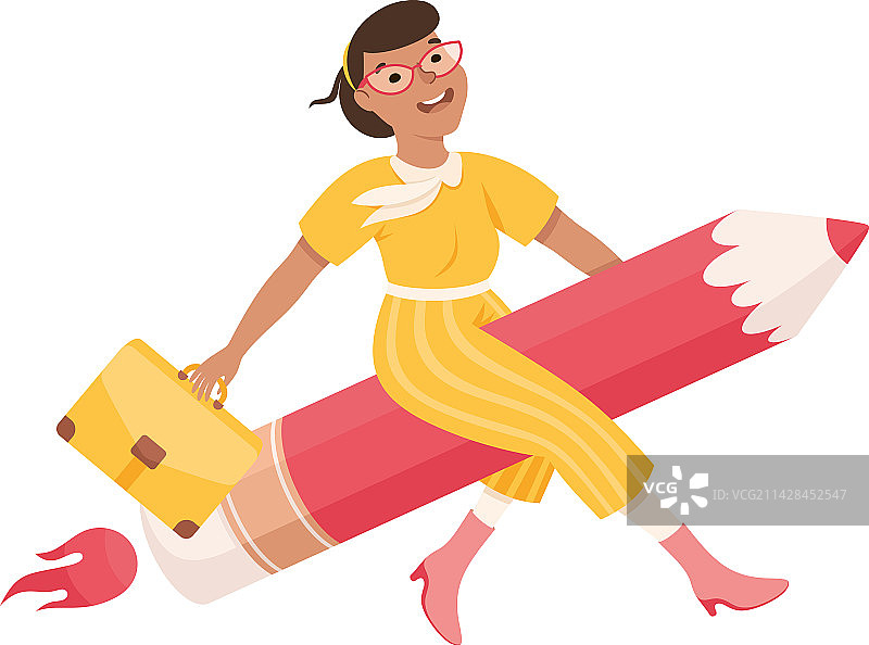 女商人乘坐铅笔飞行图片素材