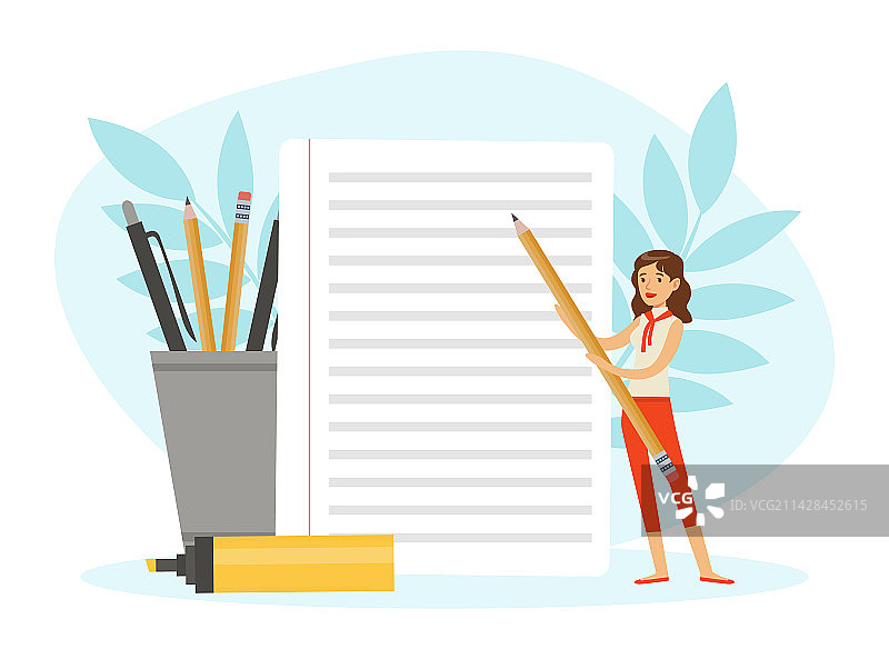 用巨型铅笔工作的商务女性角色图片素材