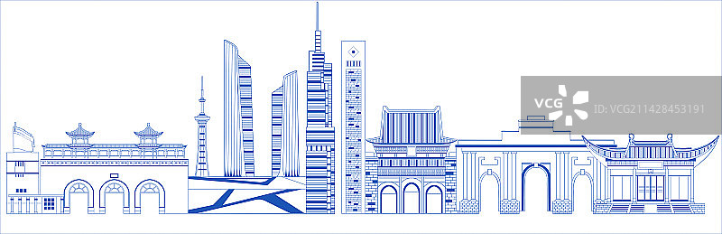 线条轮廓江苏南京地标建筑群图片素材