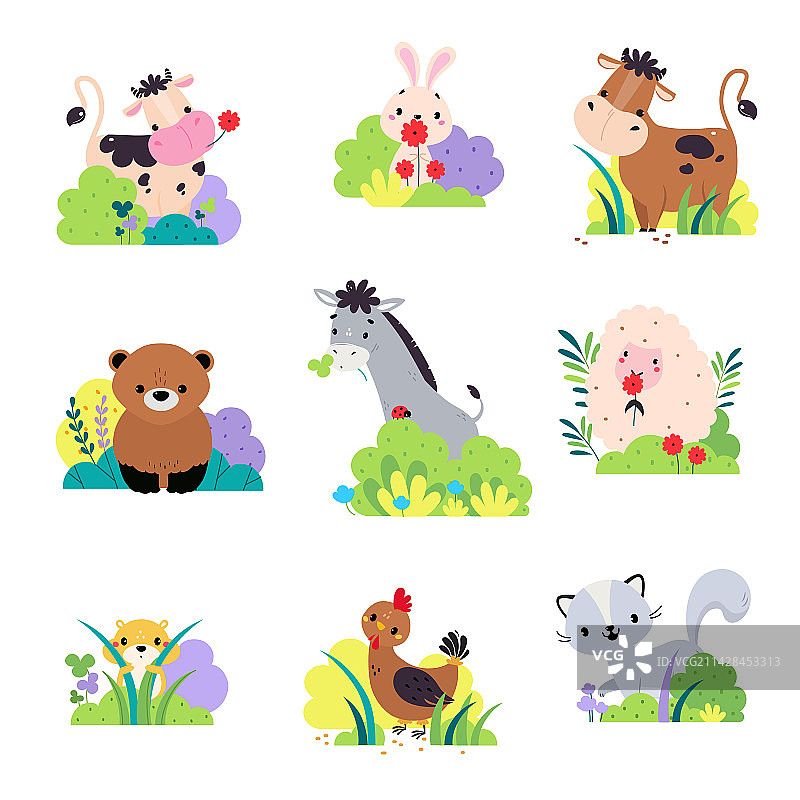 灌木丛中可爱的农场和野生动物图片素材