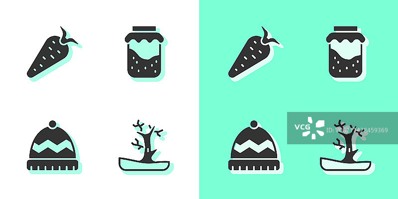 光秃秃的树、胡萝卜、冬季帽子和果酱罐图标套装图片素材