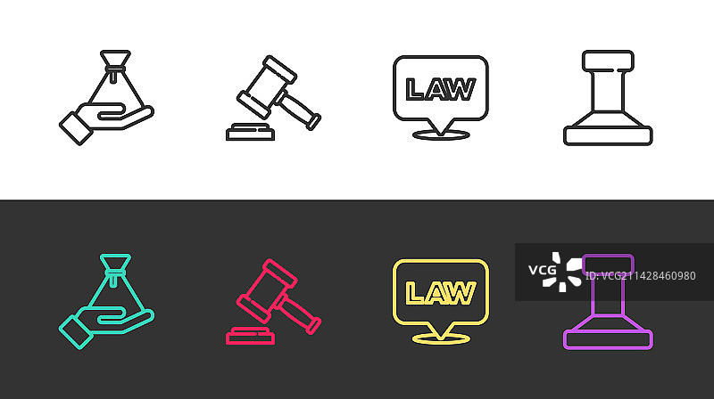 贿赂、钱袋、法官木槌与定位图片素材